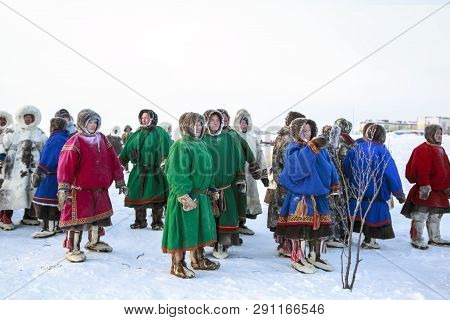 Nadym, Russia - February 23, 2019: Yamal, Open Area, Tundra,the Extreme North,  Races On Reindeer Sl