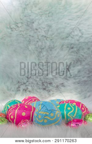 Multiple Colored Easter Eggs On Fur Background, Pink, Blue And Green Eggs Amsterdam The Netherlands,