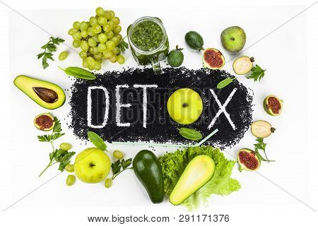 Concept Of Diet, Word Detox Is Made From Black Cumin Seeds. Green Smoothies And Ingredients. Aavakad