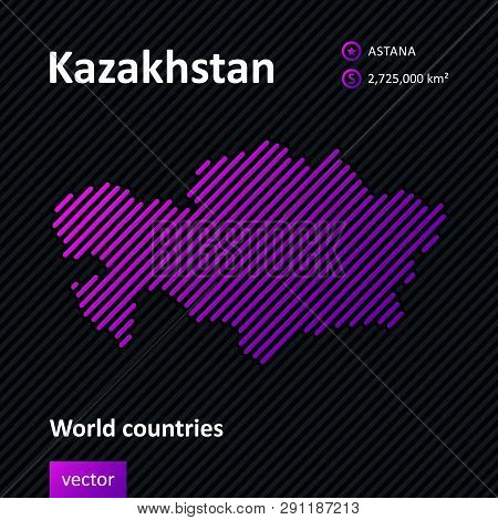 Vector Abstract Map Of Kazakhstan With Violet Striped Texture And Striped Dark Background