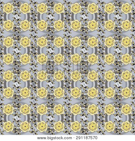 Damask Background. Golden Element On A Gray And Yellow Colors. Gold Floral Ornament In Baroque Style