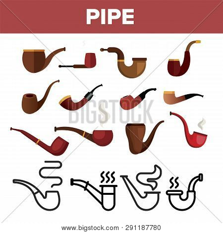 Tobacco Pipe Icon Set Vector. Smoke Cigar. Old Graphic Silhouette. Ash. Nicotine Addiction Object. W