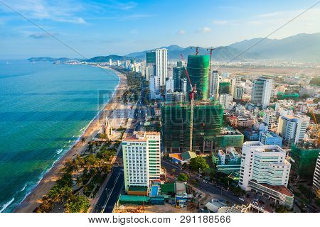 Nha Trang City Skyline Aerial Panoramic View At Sunset In South Vietnam