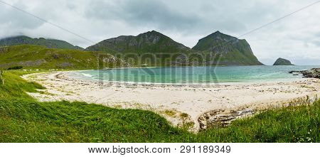 Lofoten Fjord And Mountains Summer Cloudy Landscape, Norway. Panorama.