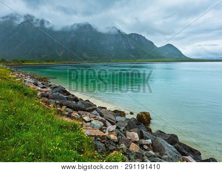 Lofoten Fjords And Lakes Cloudy Landscape With Sandy Beach, Lough, And Mountains (norway). Summer Po