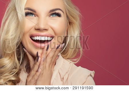 Happy Laughing Woman, Young Face Closeup. Excited Girl On Colorful Background With Copy Space