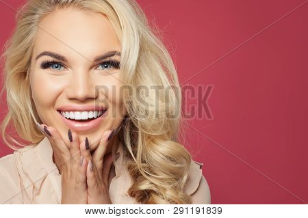 Happy Woman Face Closeup Portrait. Laughing Girl On Pink Background, Pretty Face