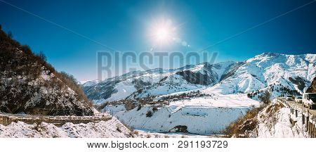 Zemo Mleta, Mtskheta-mtianeti Region, Georgia. Village Zemo Mleta During Sunny Winter Day. Beautiful