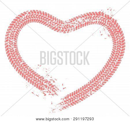Tire Tracks Heart. Motorist Love, Hearts Tire Track And Motor Car Enthusiast Valentines Card Grunge 