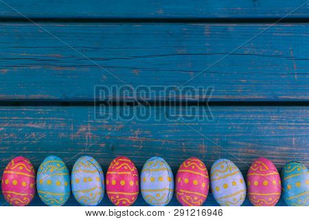 Easter Eggs Background, Blue Wooden Bench, 23 March 2019, Amsterdam The Netherlands