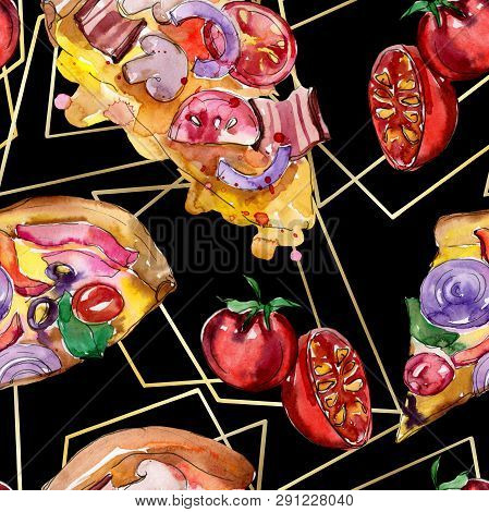 Fast Food Itallian Pizza In A Watercolor Style Isolated Set. Watercolour Seamless Background Pattern