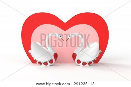 Lovely Swans Fall In Love On Valentines Day With Hearts, 3d Illustration. Will You Be My Valentine?