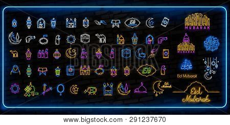 Ramadan Kareem Icon Set Neon. Design Template, Design Elements. Ramadan Kareem - Glorious Month Of M