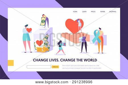 Charity Donation Change The World Landing Page. Give Hope For Needing Help Character And Save Life. 