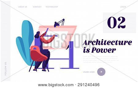 Engineer Woman Working Construction Project Landing Page. Architect Person Drawing Draft. Worker Eng