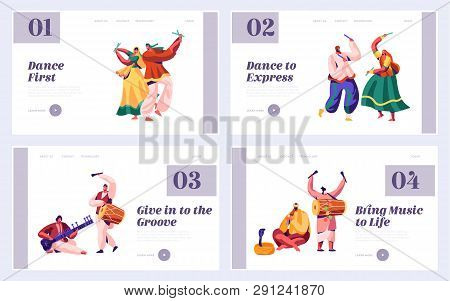 Music Festival In India Landing Page Set. Musician Playing Musical Instrument Dhol, Drum, Flute And 