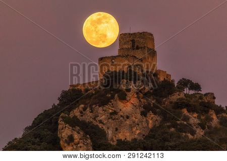 Full Moon Over Ocio Castle In Alava
