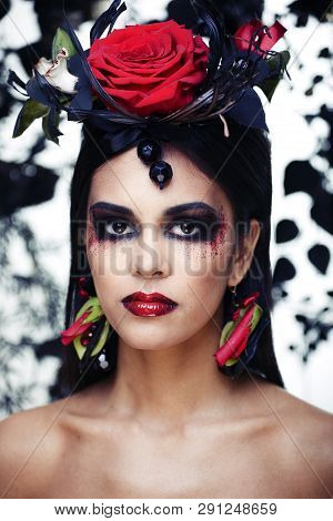 Pretty Brunette Woman With Rose Jewelry, Black And Red, Bright Make Up Kike A Vampire Closeup Red Li
