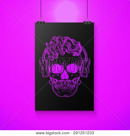 Angry Skull With Cirly Hairstyle, Moustaches And Headphones. Vector Illustration, Eps 10