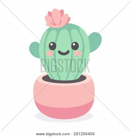 Cartoon Cactus Character With Flower And Cute Face. Kawaii Potted Plant Vector Illustration.