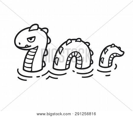 Sea Serpent, Mythological Snake Monster. Black And White Cartoon Style Drawing. Isolated Vector Ilus