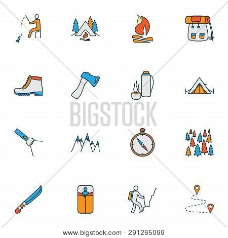 Tourism Icons Colored Line Set With Backpack, Destination, Fishing And Other Bedroll Elements. Isola