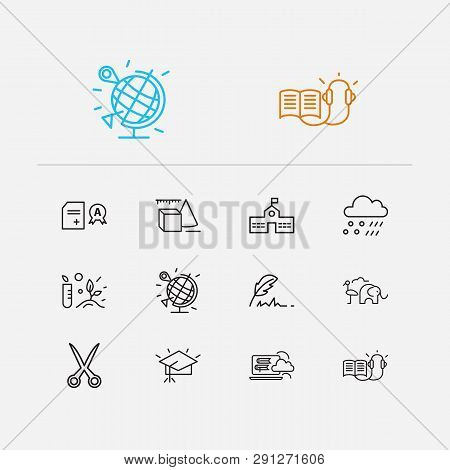 Online Learning Icons Set. Meteorology And Online Learning Icons With Quill Pen, Primary School And 
