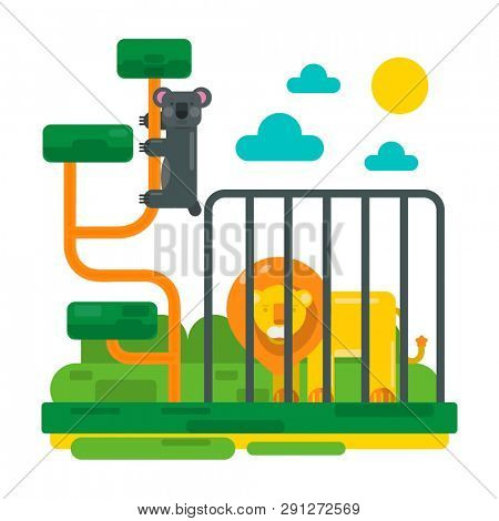 Lion near fence and lemur on abstract branches. Zoo picture