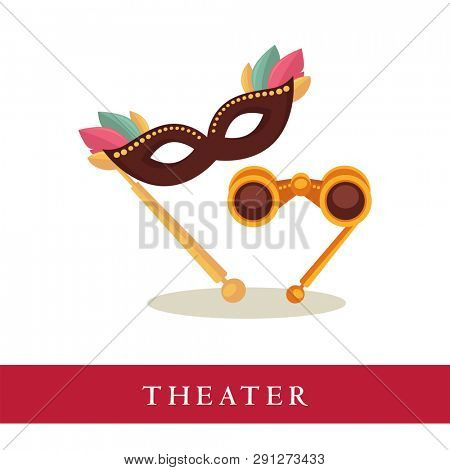 Theatre opera glasses and venetian mask icons isolated on white