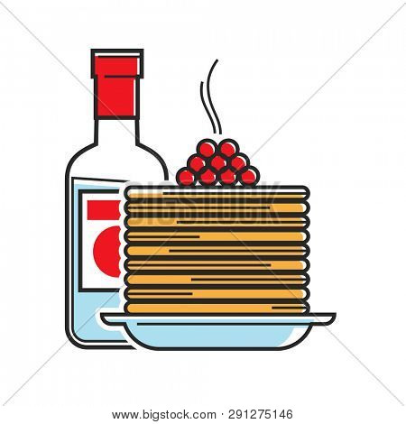 Russia travel  symbols of Russian vodka and pancakes for tourist culure