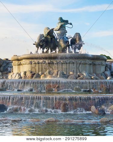 Sculptural Composition Of Gefion Fountain In Evening Sunlight, Copenhagen Sightseeing, Denmark