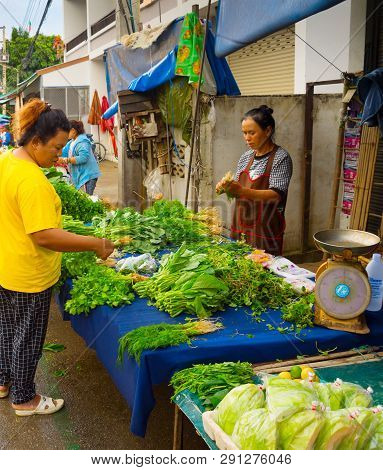 Pai, Thailand - January 10, 2017: People Buing Fresh Grocery At Asian Market At Pai City Street