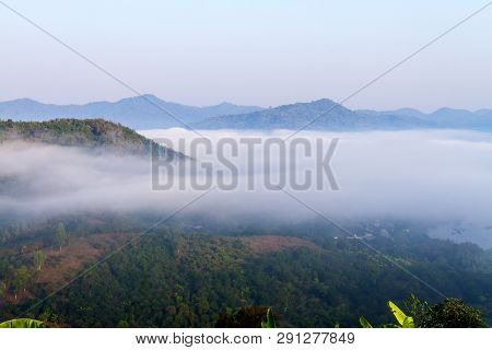 Sunrise Fresh Mist Morning And Idyllic With Green Tree At Viewpoint In Countyside Thailand