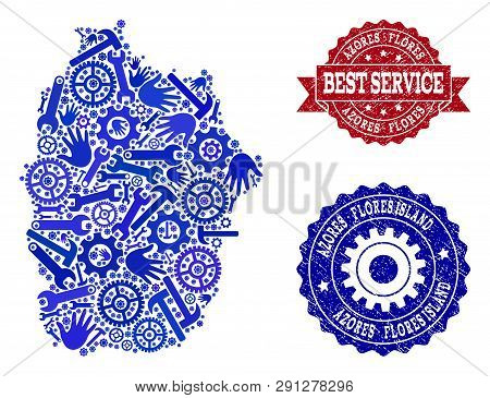 Best Service Collage Of Blue Mosaic Map Of Azores - Flores Island And Scratched Seals. Mosaic Map Of