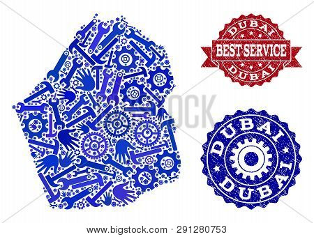 Best Service Composition Of Blue Mosaic Map Of Dubai Emirate And Rubber Seal Stamps. Mosaic Map Of D