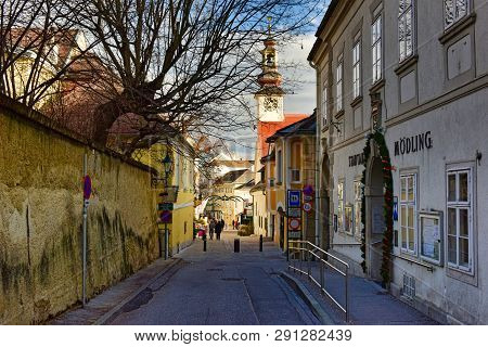 Moedling, Austria - December 28, 2018. Historical Town Centre During Christmas Time. View Of The New