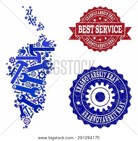 Best Service Composition Of Blue Mosaic Map Of Krasnoyarskiy Kray And Scratched Seals. Mosaic Map Of
