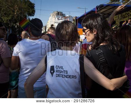 Belgrade, Serbia - September 16, 2018: Two Women Wearing A Tshirt With The Civil Rights Defender Log