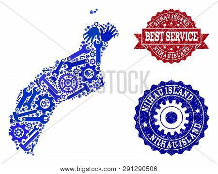 Best Service Composition Of Blue Mosaic Map Of Niihau Island And Scratched Seal Stamps. Mosaic Map O
