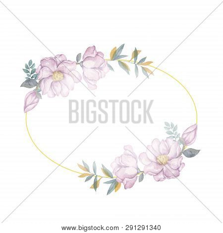 Watercolor Flowers And Leaves Wreath. Gold Frame Illustration. Ellipse And Bow Clip Art Branch For C