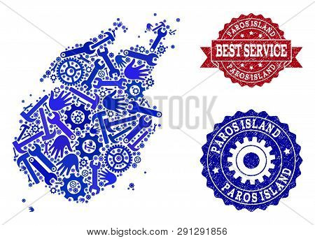 Best Service Collage Of Blue Mosaic Map Of Paros Island And Grunge Seals. Mosaic Map Of Paros Island
