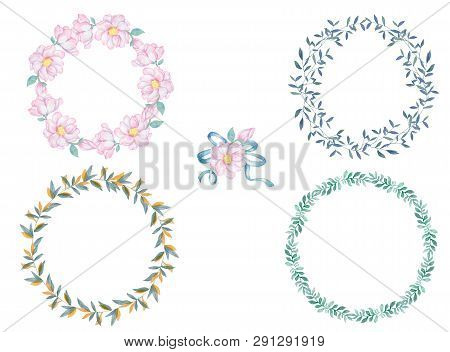 Set Of Watercolor Flowers And Leaves Wreath. Gold Frame Illustration. Ellipse And Bow Clip Art Branc
