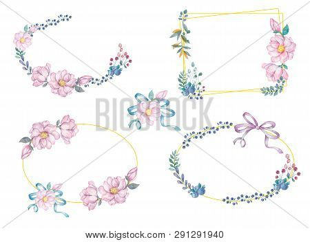 Watercolor Flowers And Leaves Wreath. Set Gold Frames Illustration. Square And Bow Clip Art Branch F