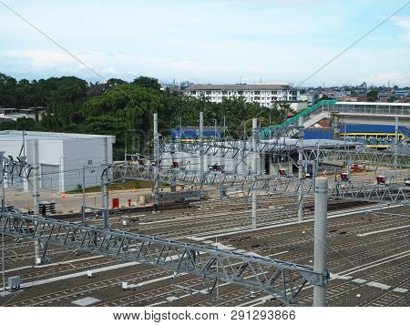 Jakarta, Indonesia - March 23, 2019: Background Of Railway Tracks At Lebak Bulus Mrt Depot.