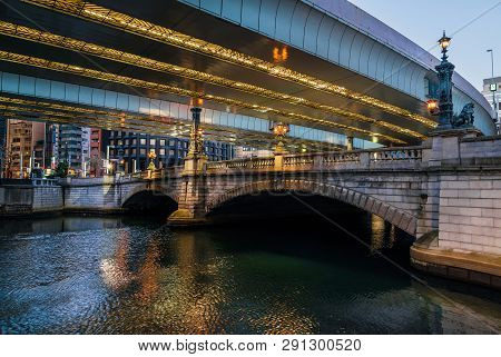 Tokyo, Japan - February 17: Old And New In Tokyo. The Modern Shuto Expressway (urban Highway) Built 
