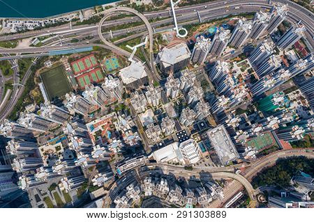 Tai Koo, Hong Kong 19 March 2019: Top view of Hong Kong city