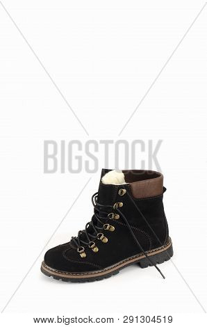 Beige Woman Long Boot Shoe Isolated On White Background. Fashionable Boots For Women May Exhibit All