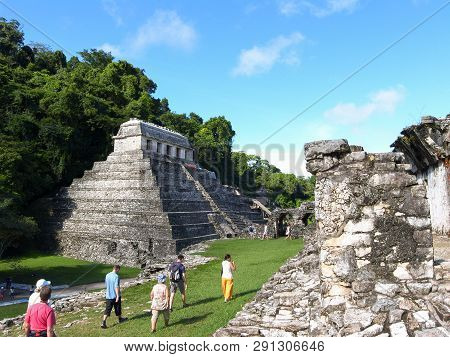 Palenque, Chiapas, Mexico - November 20, 2007: Maya Archaeological Site, With Tourist Exploring The 