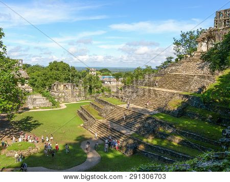 Palenque, Chiapas, Mexico - November 20, 2007: Maya Archaeological Site, With Tourist Exploring The 