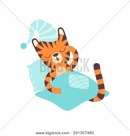 Cute Little Tiger Wearing Cap Sleeping In Bed, Adorable Wild Animal Cartoon Character Vector Illustr